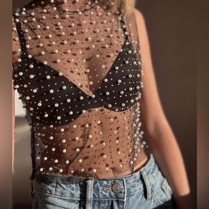 Rhinestone and Pearl Mesh Tank Top